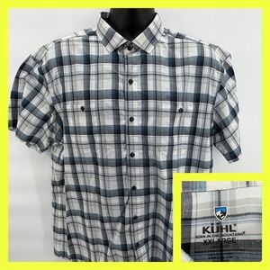KUHL Shirt Mens XXL Response Plaid Performance Short Sleeve Button Up Gray Blue